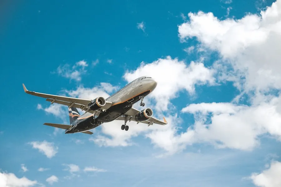 Jet airliner climbing into a blue sky