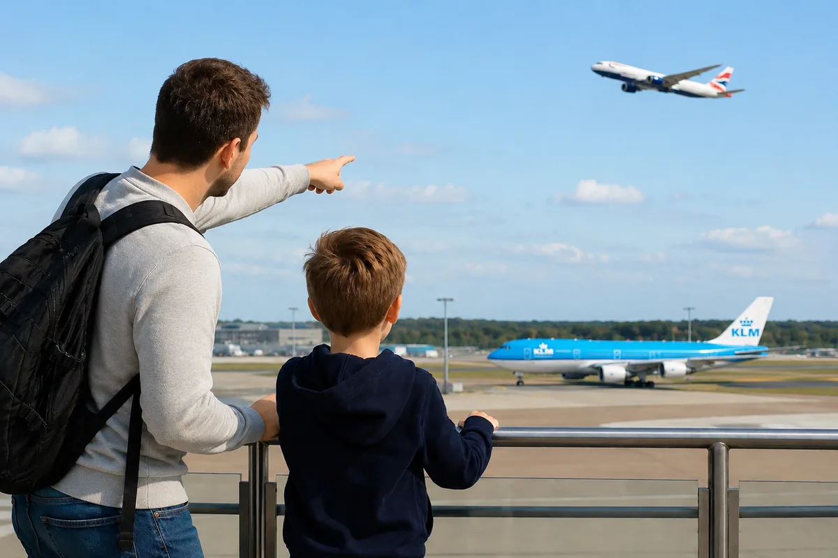 A dad and son at an airport viewing terrace pointing at a British Airways jet taking off, a KLM 747 on the taxiway